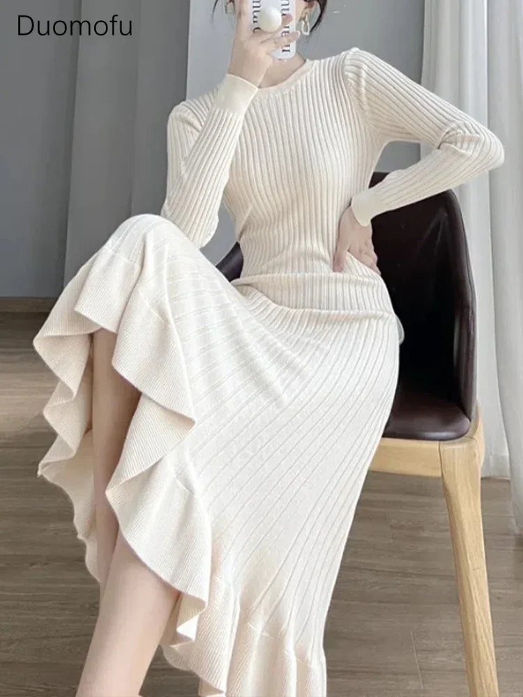 

Duomofu Knitted White Dress Women Korean Fashion Ruffle Long Dresses Female Autumn Winter Elegant Long Sleeve Slim Sweater Dress