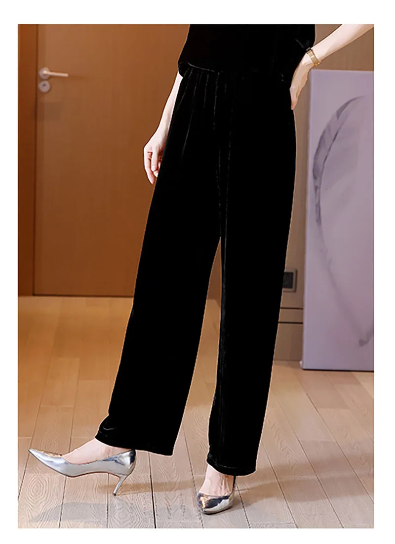 ربيع الخريف التوت الحرير المخملية المرأة مستقيم بنطلون مرونة الخصر الأخضر الداكن فضفاض كبير الحجم 5XL الراقية ملابس نسائية