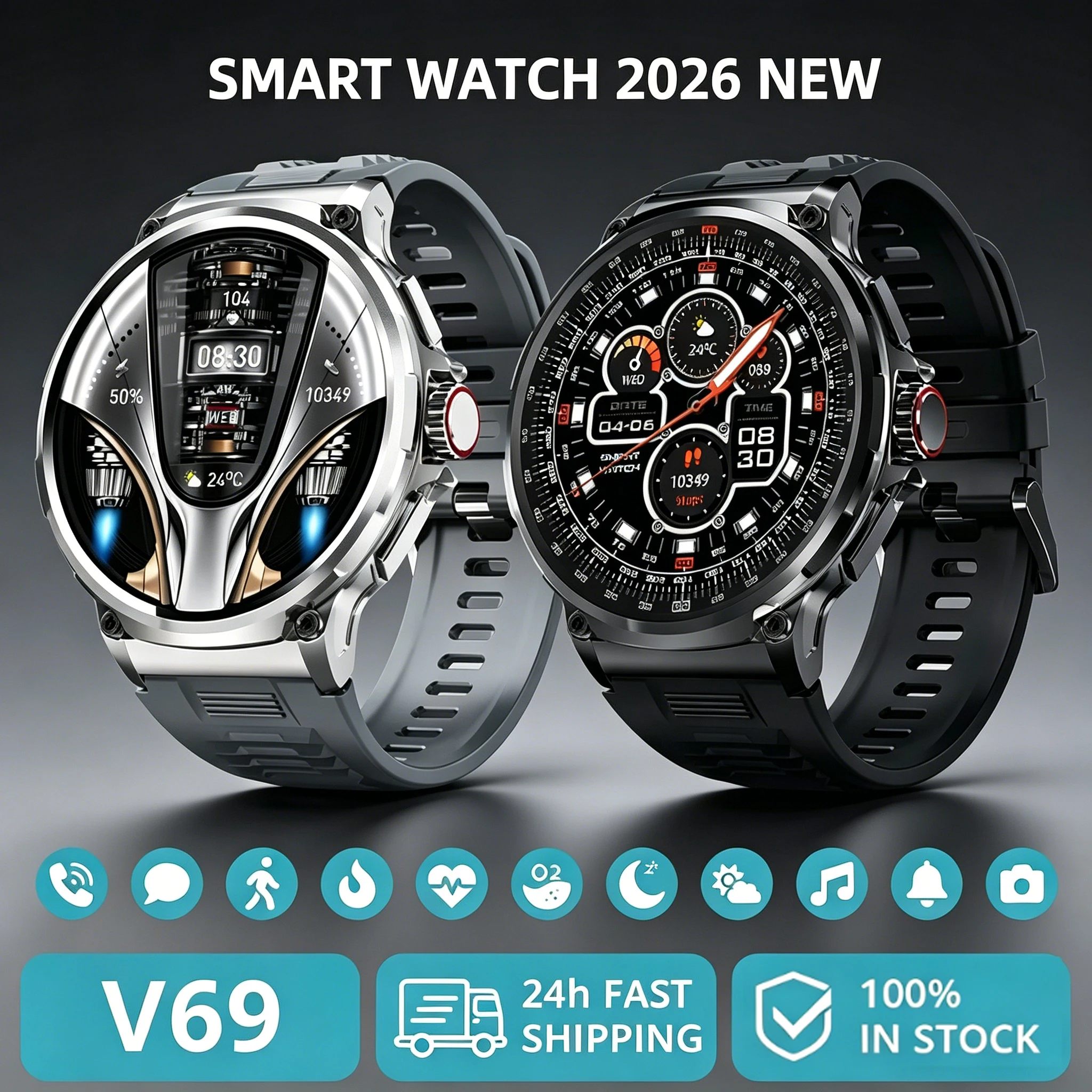 

2026 New V69 1.85Inch HD Bluetooth Call Smart Watch Men Sport Fitness Tracker Heart Monitor 710mAh Smartwatch For XIAOMI Android