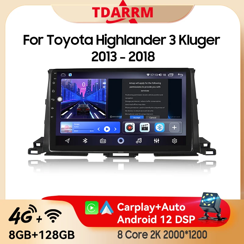 Car Video Stereo Player Multimedia Android12 Wireless Carplay For Toyota Highlander 3 kluger 2013-2018  AI Voice Car AutoRadio