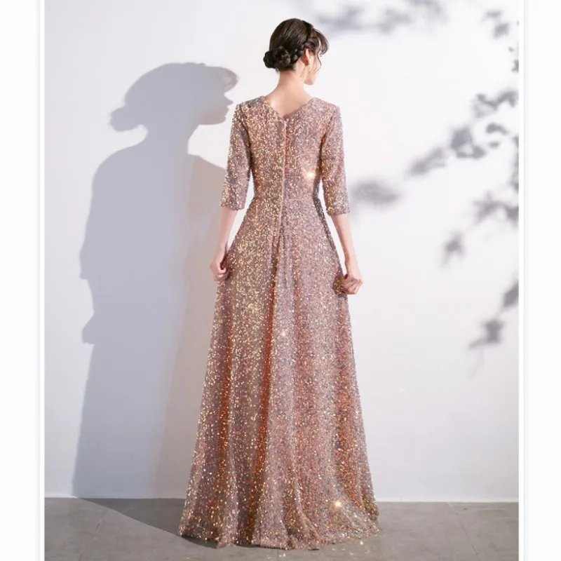 WYHS-123#Evening Dresses Long Sequins Golden V-Neck Graduation Gown Party Prom Dress Free Customize Plus Size Cheap Wholesale