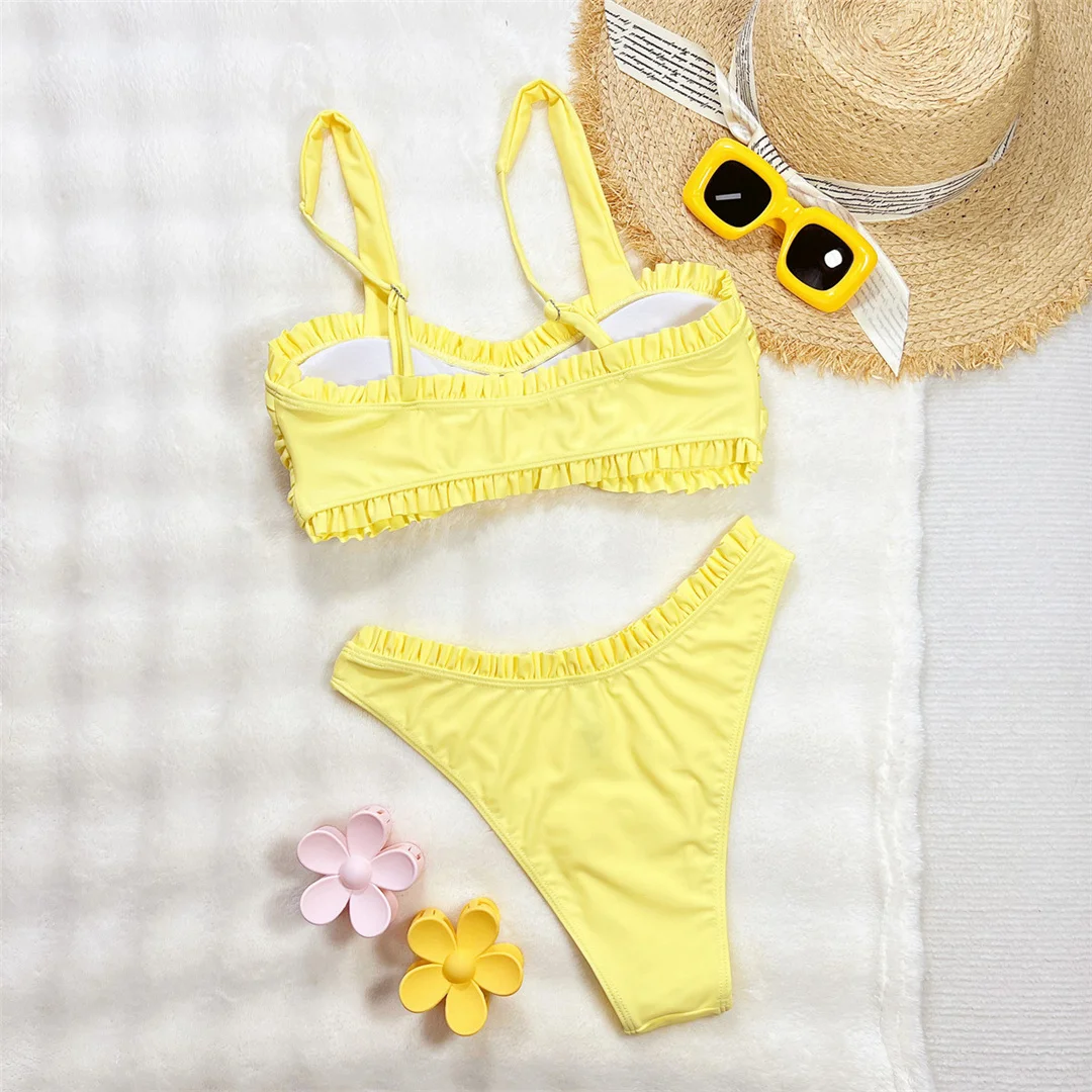 Rüschen-Bikini mit Mid-Waist-Schnitt, brasilianischer Stil, Damen-Badeanzug, zweiteiliges Bikini-Set, Badebekleidung, Badeanzug, Modell V7297. – Detail 8