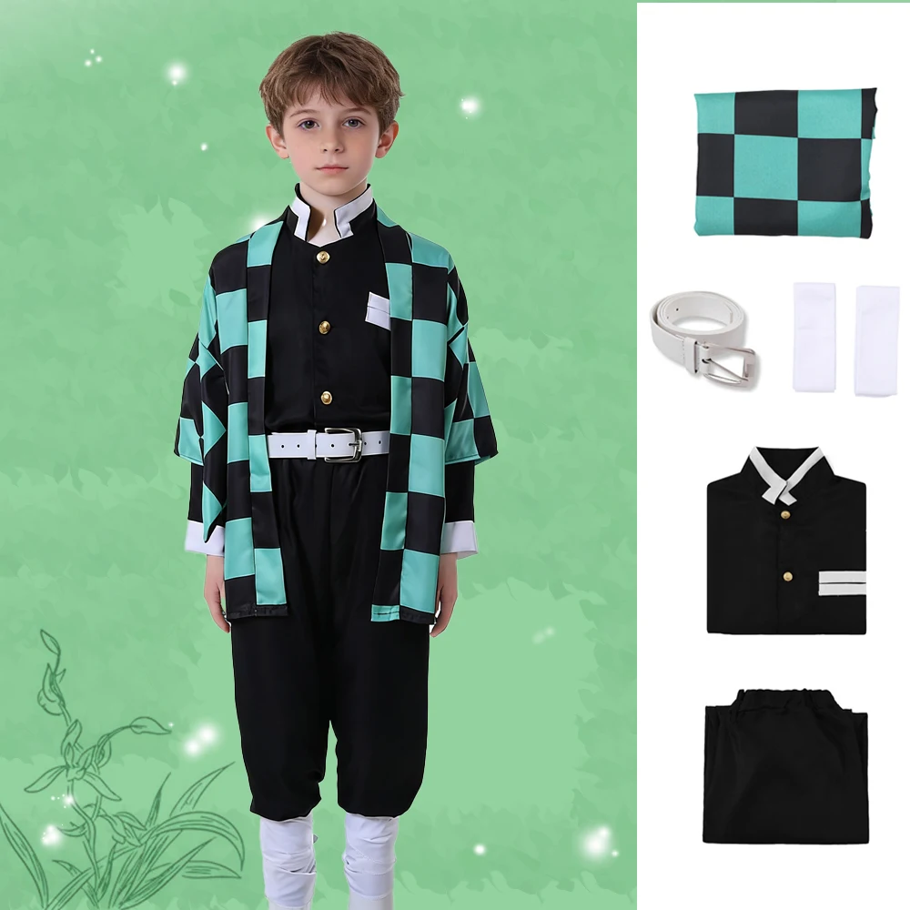 

Tanjiro Kamado Cosplay Complete Set Japanese Style Kimono with Detailed Checkered Haori for Anime Convention Role Play Events