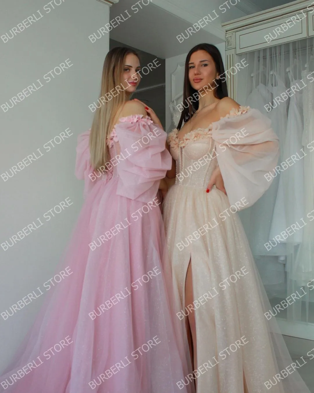 Sweet 3D Flowers Lace Pageant Dresses Princess Sparkle Sequines Lace Prom Party Dress Puffy Sleeves Slit Mesh Graduation Gowns