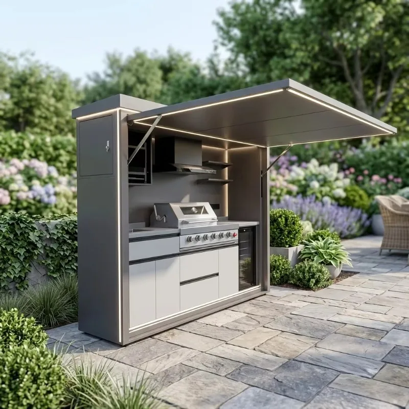 Modern black stainless steel modular outdoor kitchen with grill, fridge, roof shed, 3D design