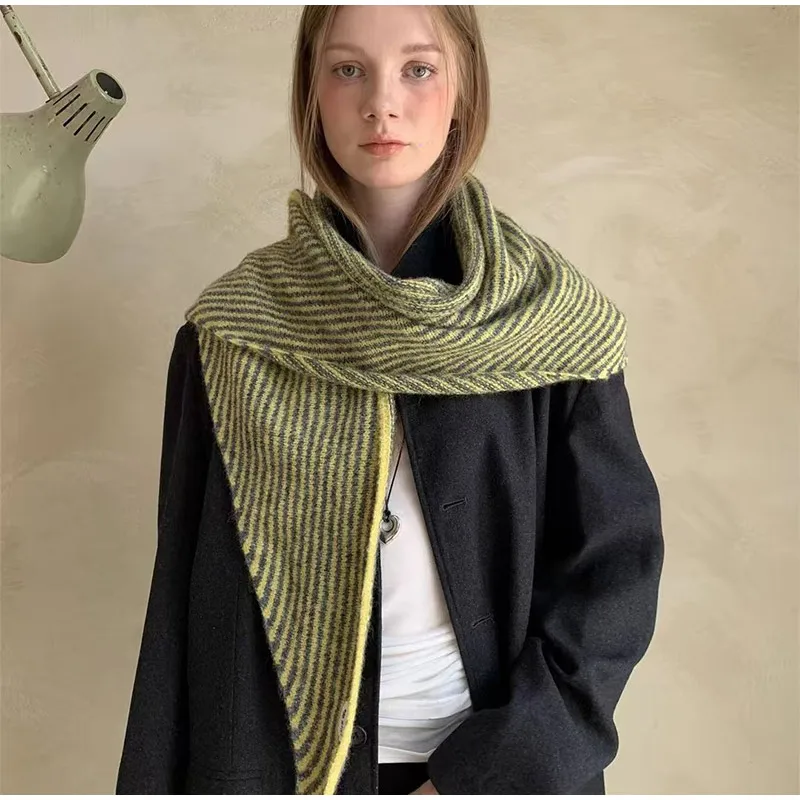 

New Korean Retro Striped Triangular Shawl Autumn Winter Fashion Striped Warm Thick Outer Layer Knitted Scarf Winter Accessories
