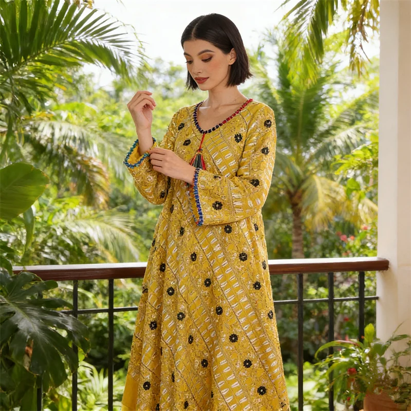 

Muslim Woman Dresses Eid Embroidery Jalabiya Femme Musulmane Vestidos Ramadan Dubai Abaya Turkey Kaftan Arab Robe Morocco Caftan