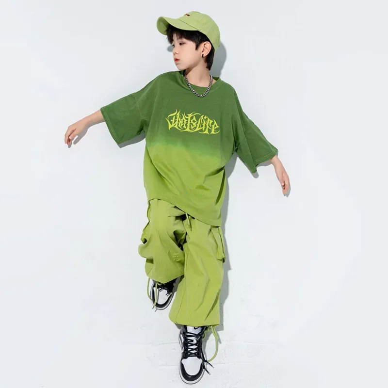 Kid Kpop Hip Hop Clothing Gradient Oversized T Shirt Top Green Casual Jogger Cargo Pants for Girl Boy Jazz Dance Costume Clothes