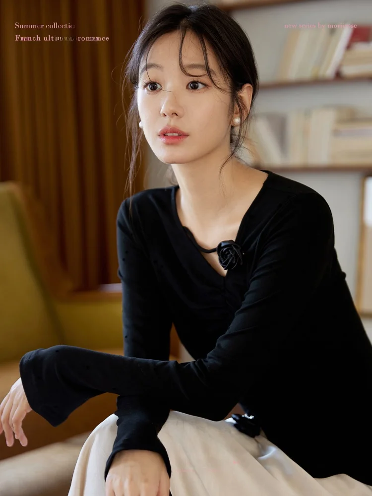 

Женская футболка Moriirose Bla с цветочным принтом и точечным узором, приталенная, винтажная, с V-образным вырезом, средней длины