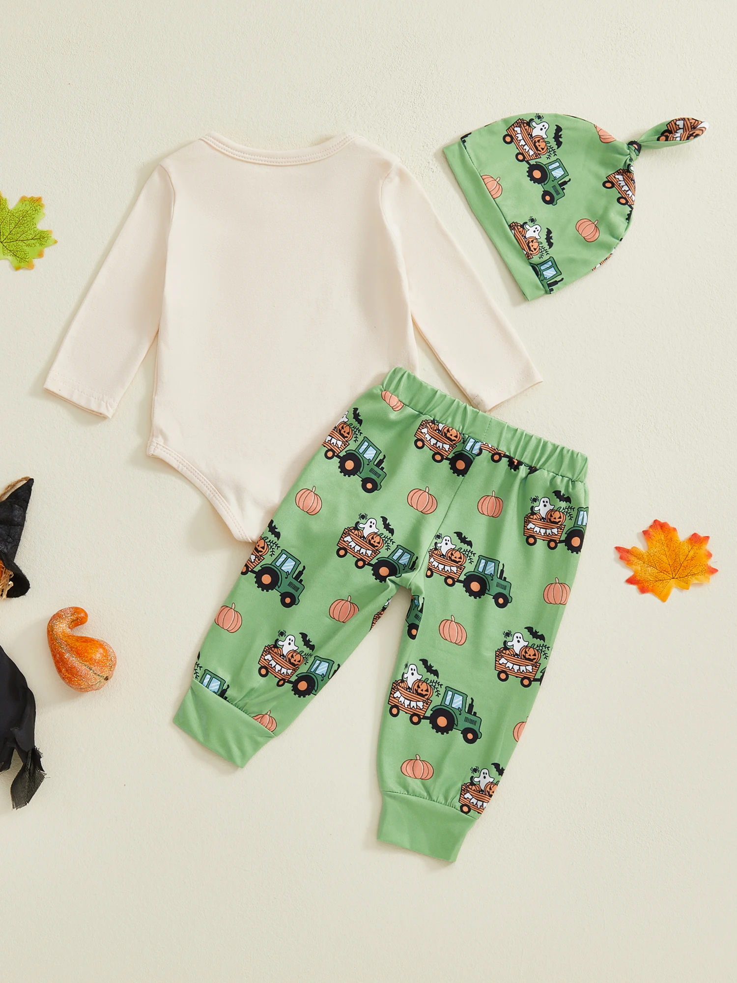 

Adorable Baby Boy Halloween Costume Set with Spooky Tractor Pumpkin Ghost Bat Print Romper Pants and Cap - 3 Piece Outfit for
