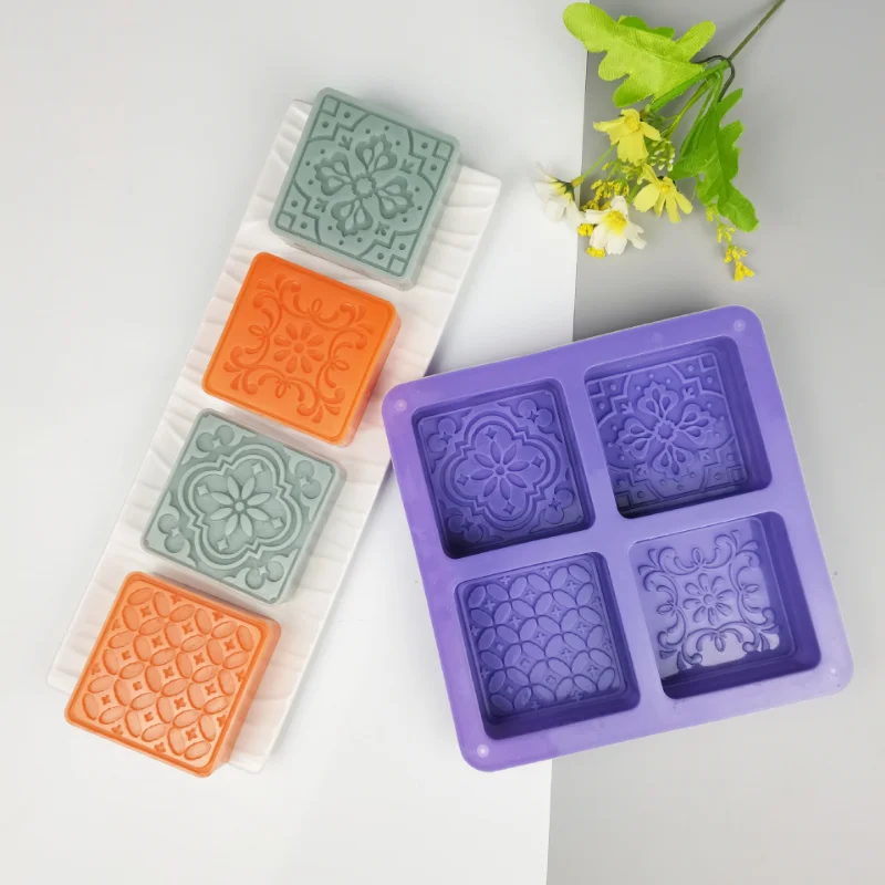 Multi-style 4 Hole Square Silicone Soap Mold DIY Flower Candle Resin Plaster Making Set Chocolate Cake Ice Mould Home Decor Gift