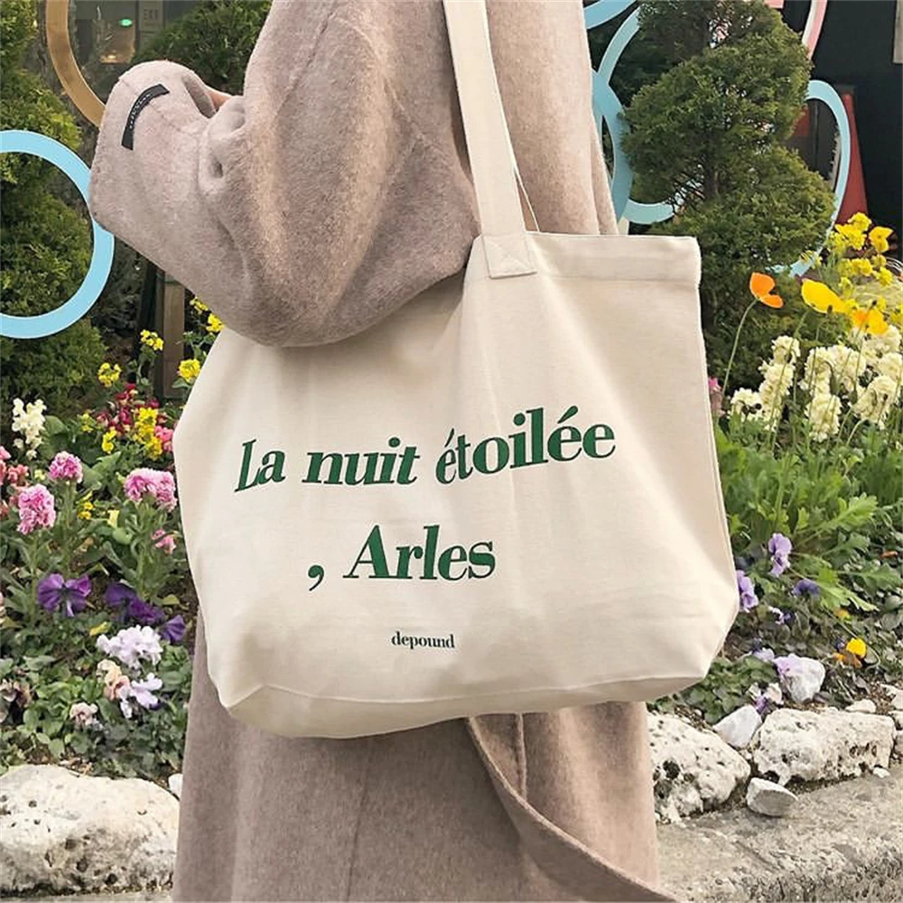 Sac à bandoulière en toile pour femmes, sac de Shopping Simple avec impression de lettres, sac de livre d'étudiant de grande capacité, sacs à main en tissu, fourre-tout pour filles