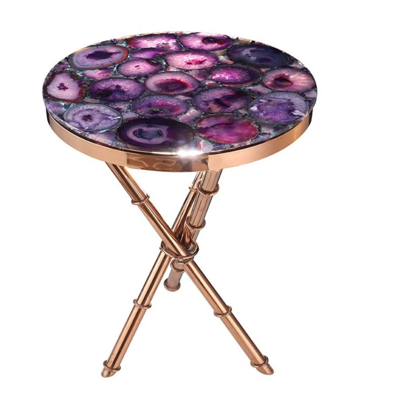 

Natural blue agate stainless steel light luxury small coffee table wood fossil corner table crystal dining table