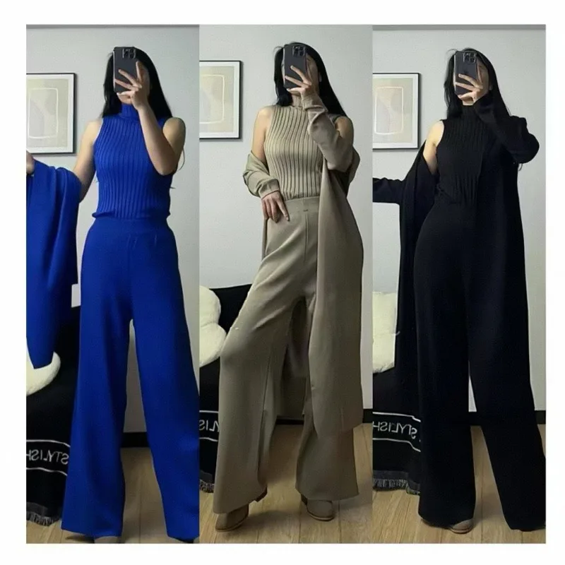 

European and American Casual Suit Women's Shawl Jacket + Round-neck Bottom Knitted Sweater + Wide-leg Trousers Three-piece Set