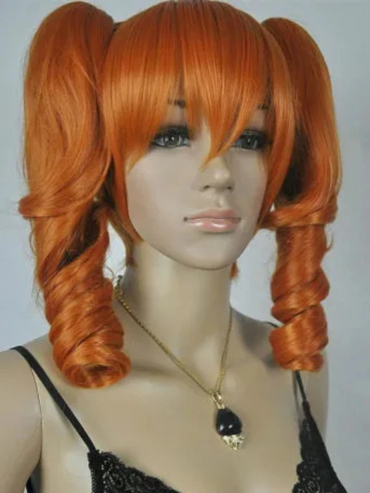 Free Shipping Cosplay Medium Long Orange Curly Spiral Heat Resistant Wig + Two Ponytails