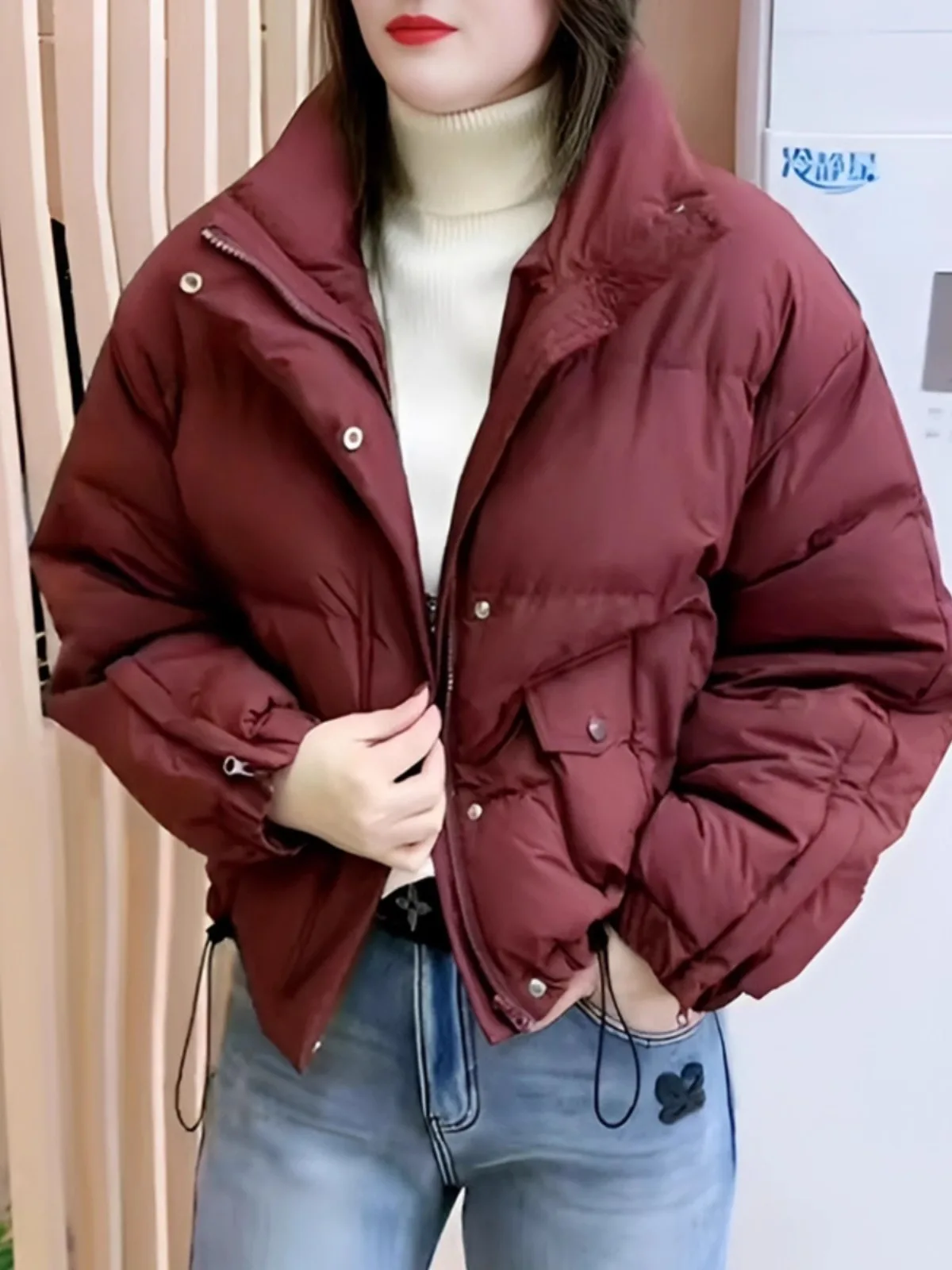 Casaco de Inverno Feminino com Gola Alta em Algodão, Tamanho Pequeno, com Capuz, Estilo Coreano, Corte Solto