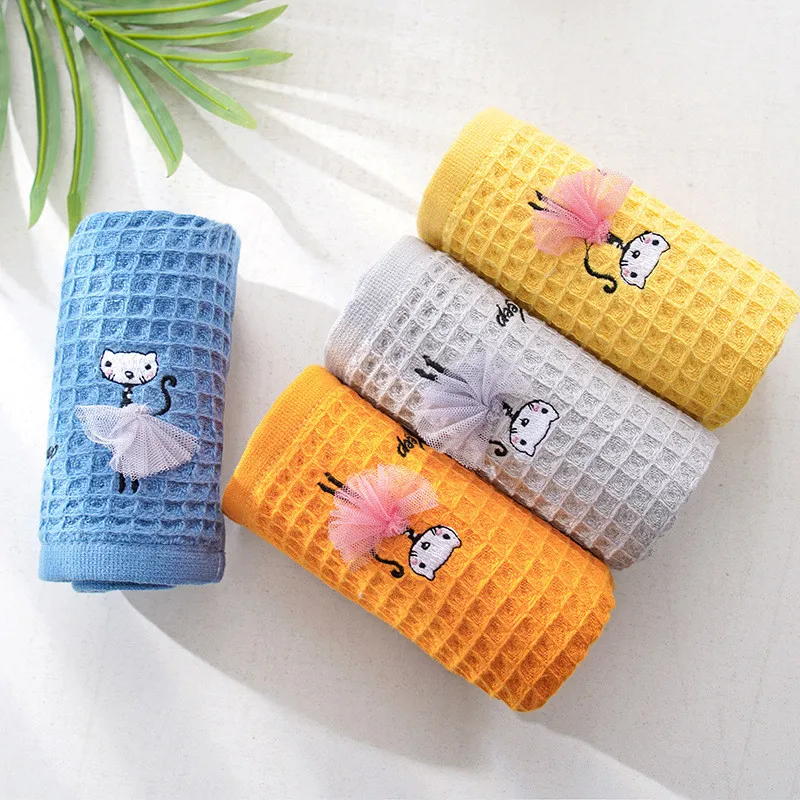 1Pc 30x30cm Waffle Honeycomb Cotton Cartoon Cat Embroidered Home Bathroom Children Square Face Towel