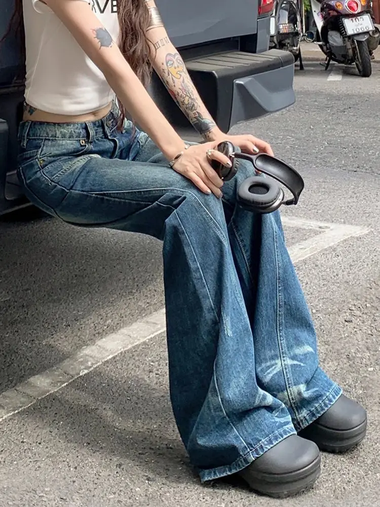 

Новые джинсы Y2K, японский стиль 2000-х годов, палаццо, широкая драпировка, струящаяся женская джинсовая мода, элегантный шикарный модный современный высокий