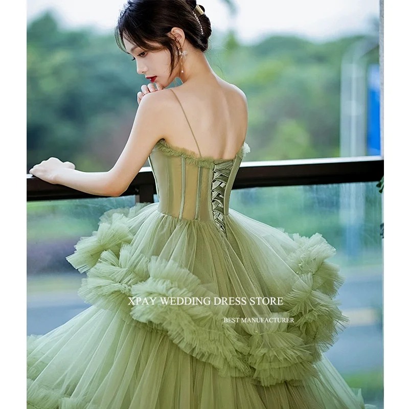 XPAY Luxury Sage Green Ruffles Korea Wedding Photoshoot Spaghetti Straps Sweetheart Elegant Formal Party Gowns Evening Dress