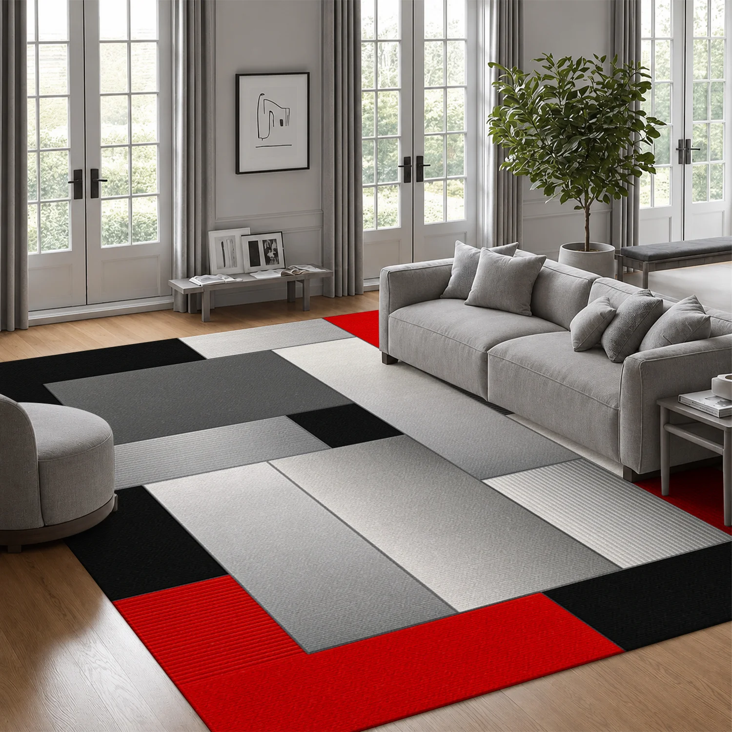 Geometric Red Black Gray Block Pattern Area Rug, Soft Velvet, Machine Washable, Suitable for Living Room, Bedroom, Dining Room, Ideal for Halloween, Thanksgiving, Christmas, New Year, Black Friday, Cyber Monday Home Decor