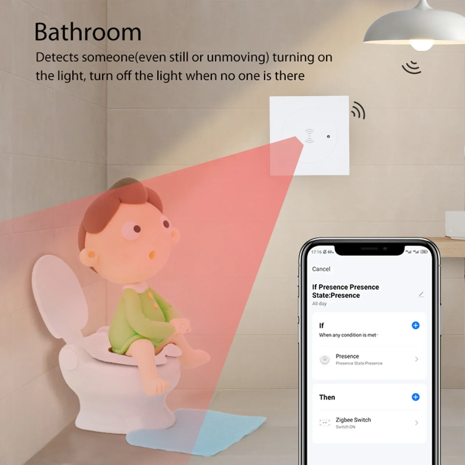 

Датчик присутствия человека: обнаружение присутствия, отсутствие присутствия, детектор движения тела, BT5.0, Wi-Fi 2.4ГГц, подключение без хаба