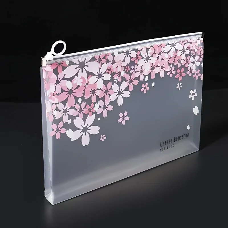 Random Pattern Transparent A4 Cherry Blossom Style File Folder Document Pouch, Student Test Paper Bag with Zipper, 4 Styles