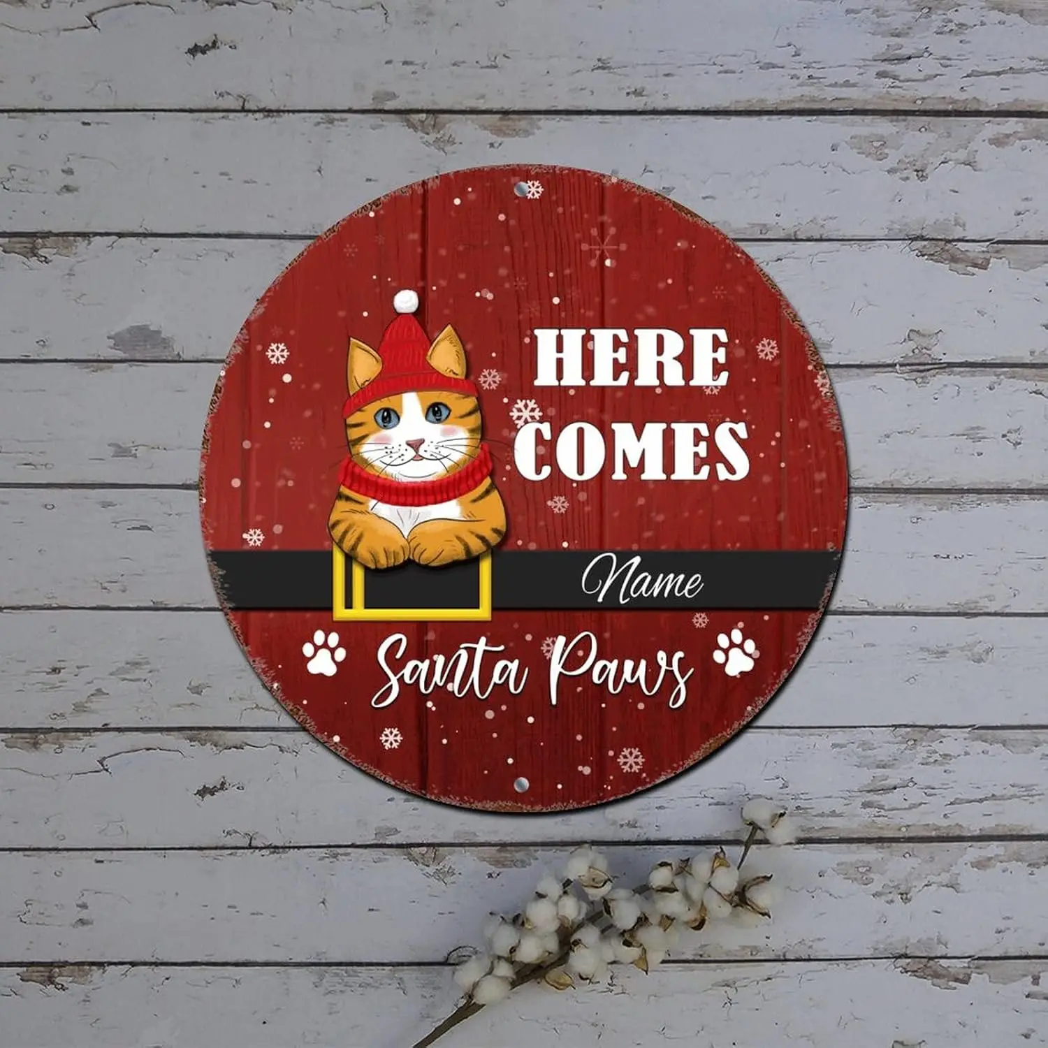 Merry Christmas Sign Custom Cat Name Here Comes Santa Paw Red Round Metal Tin Sign Christmas Indoor Decorations Vintage Aluminum