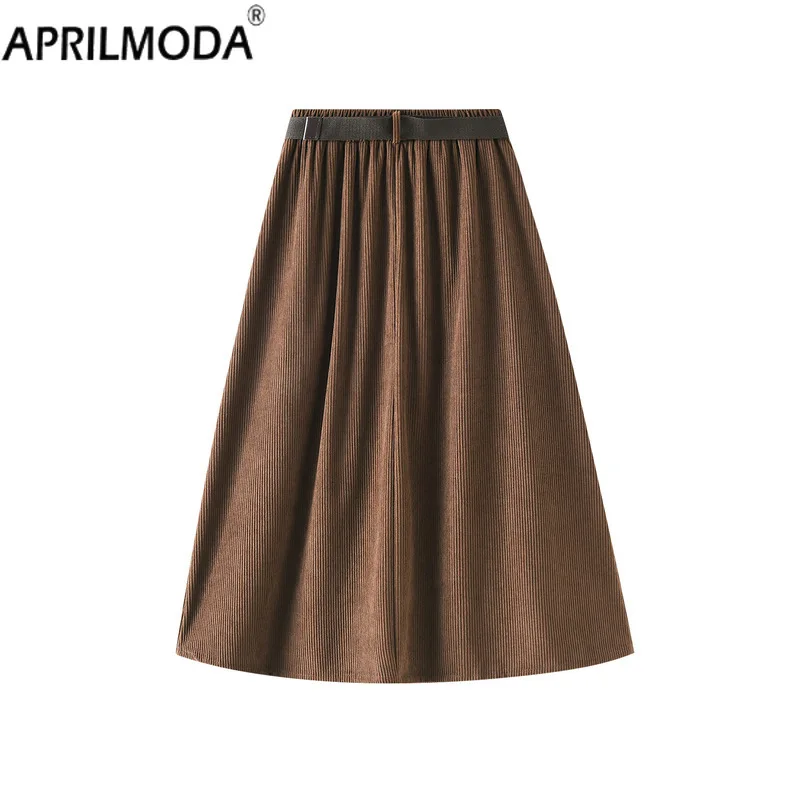 Corduroy Vintage Midi Long Skirt 2024 High Waist A Line Wrap Casual Skirts with Belt