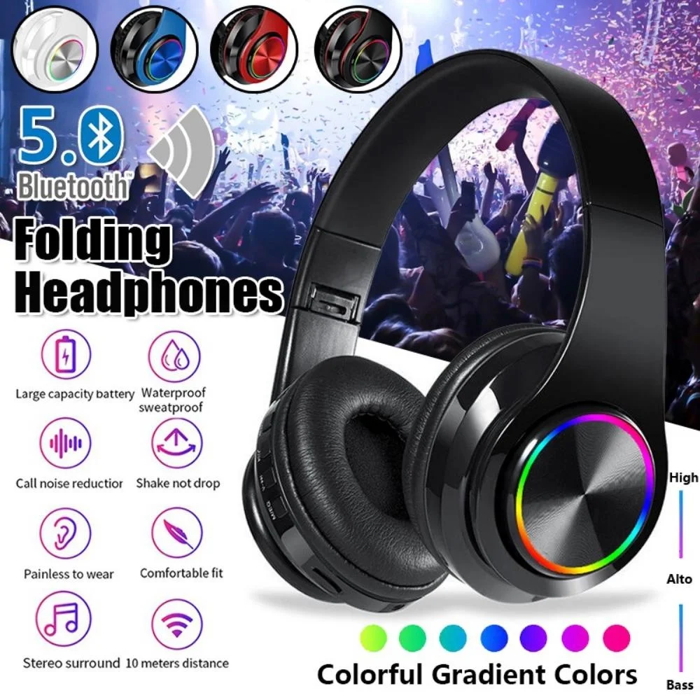 Colorful LED Light Wireless Headphones Stereo Bluetooth 5.0 Headset Heavy Bass 9D Stereo Hifi Sport Earphones Mic Game Headset