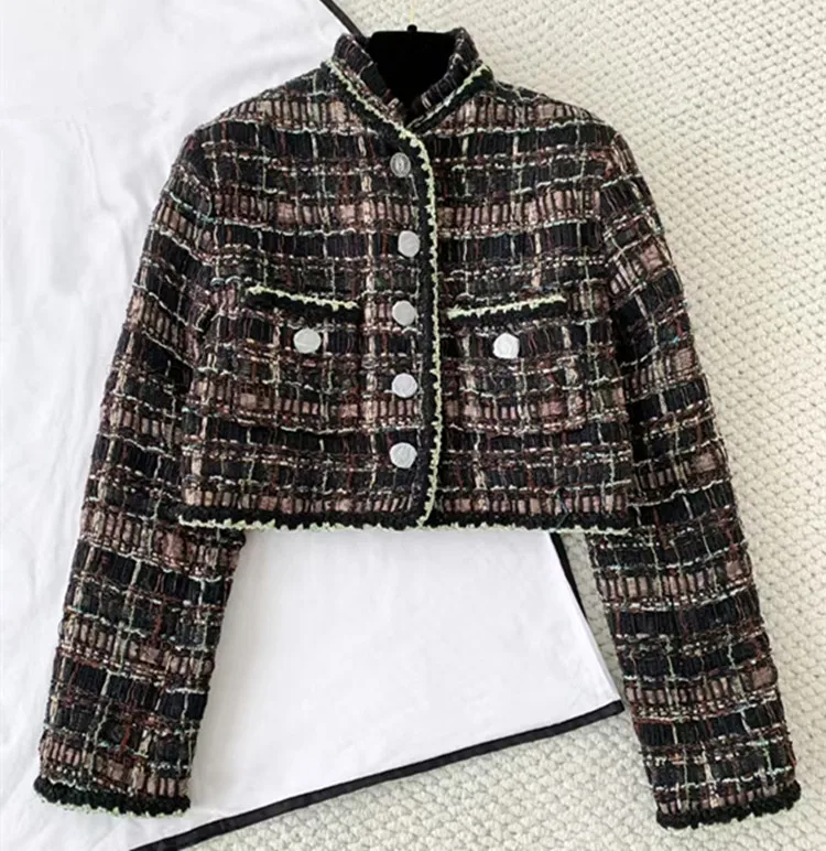 

Customized European and American women's clothing for winter 2025 Long-sleeved single-breasted Stand-up collar tweed coat