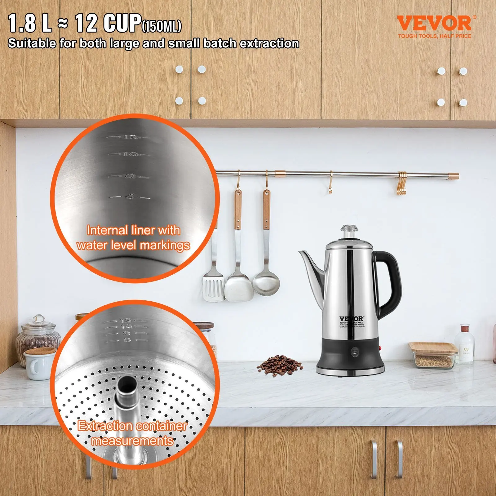 12-Cup Electric Percolator Coffee Pot, 304 Stainless Steel Coffee Percolator with Keep Warm Function & Heat-Resistant Handle