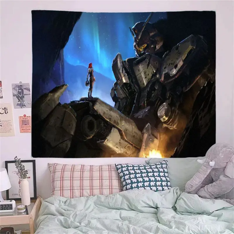 1개 대형 장갑 로봇 & 빨간 머리 인간 별이 빛나는 밤 공상과학 태피스트리, 오로라 암석 표면 벽 장식, 창의적인 작품에 적합