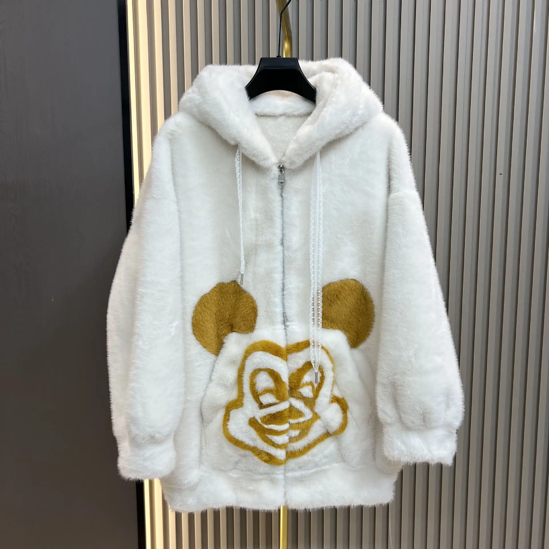 Autumn Winter 2025 New European Velvet Color Block Hooded Casual Cartoon Pattern Zipper Women's Faux Fur Coat Furry Sweatshirts