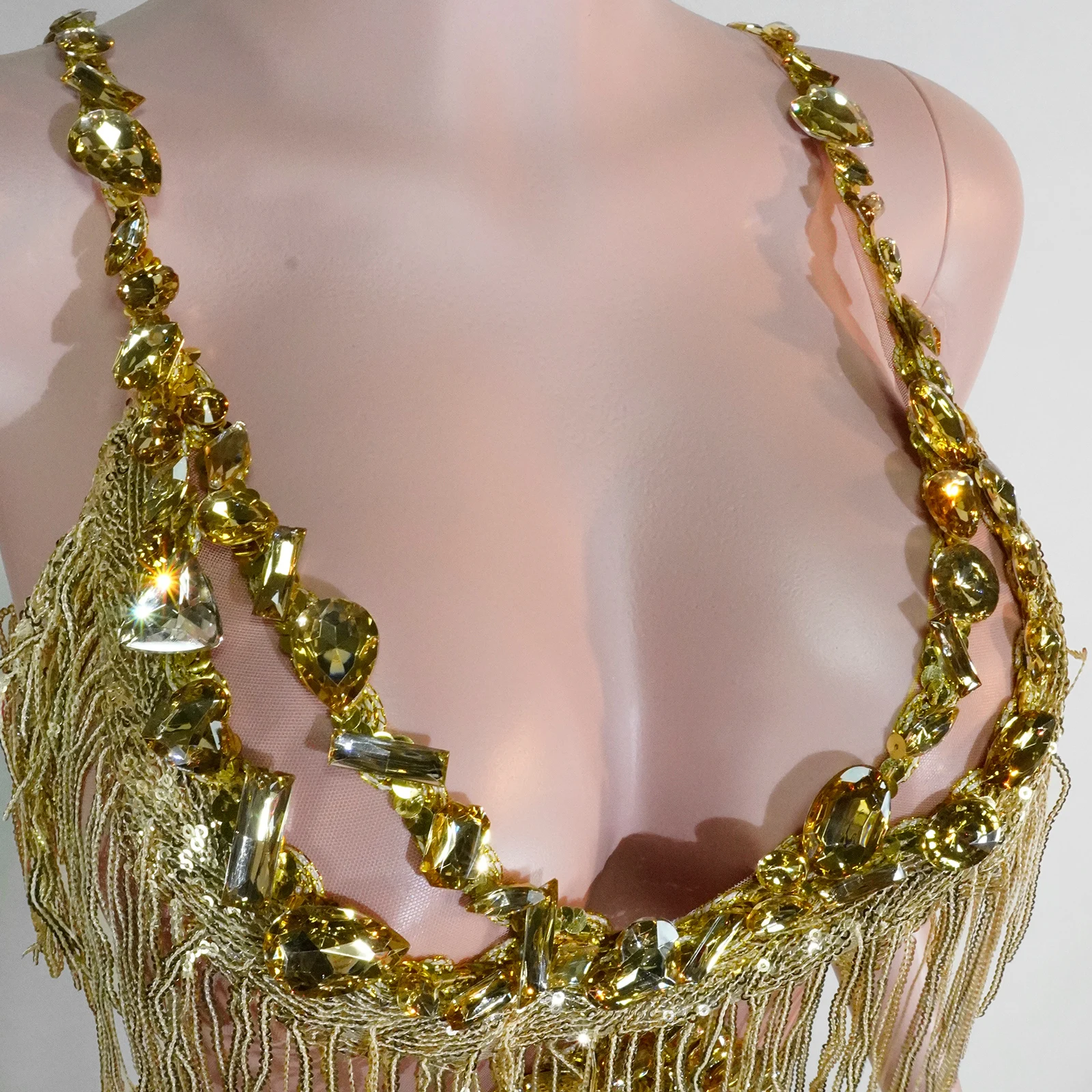 luxury sexy gold fringes jumpsuit sparkle rhinestones club party birthday outfits women drag queen pole dance festival costume