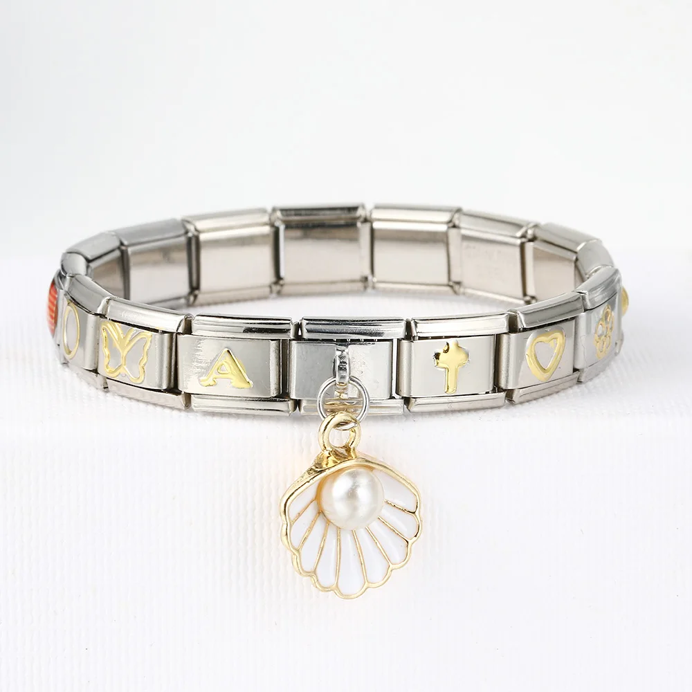 Y2k Buntes italienisches Charm-Armband mit Muschelperlen, Blumen und Kristallen, niedlicher Anhänger, Steinarmreif, Modeschmuck – Detail 2