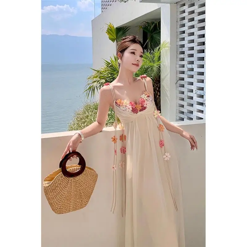 فستان طويل أنيق بدون أكمام مع تصميم مفرغ، تنورة ماكسي نسائية، فستان صيفي رقيق لإجازات الصيف، تصميم عصري بلون نقي وأسلوب أنثوي #3