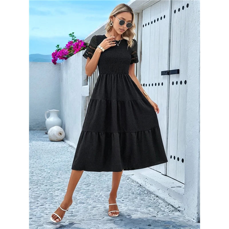 A83F-Vestidos elegantes de color sólido para primavera y verano para mujer, vestido largo recortado con cuello redondo