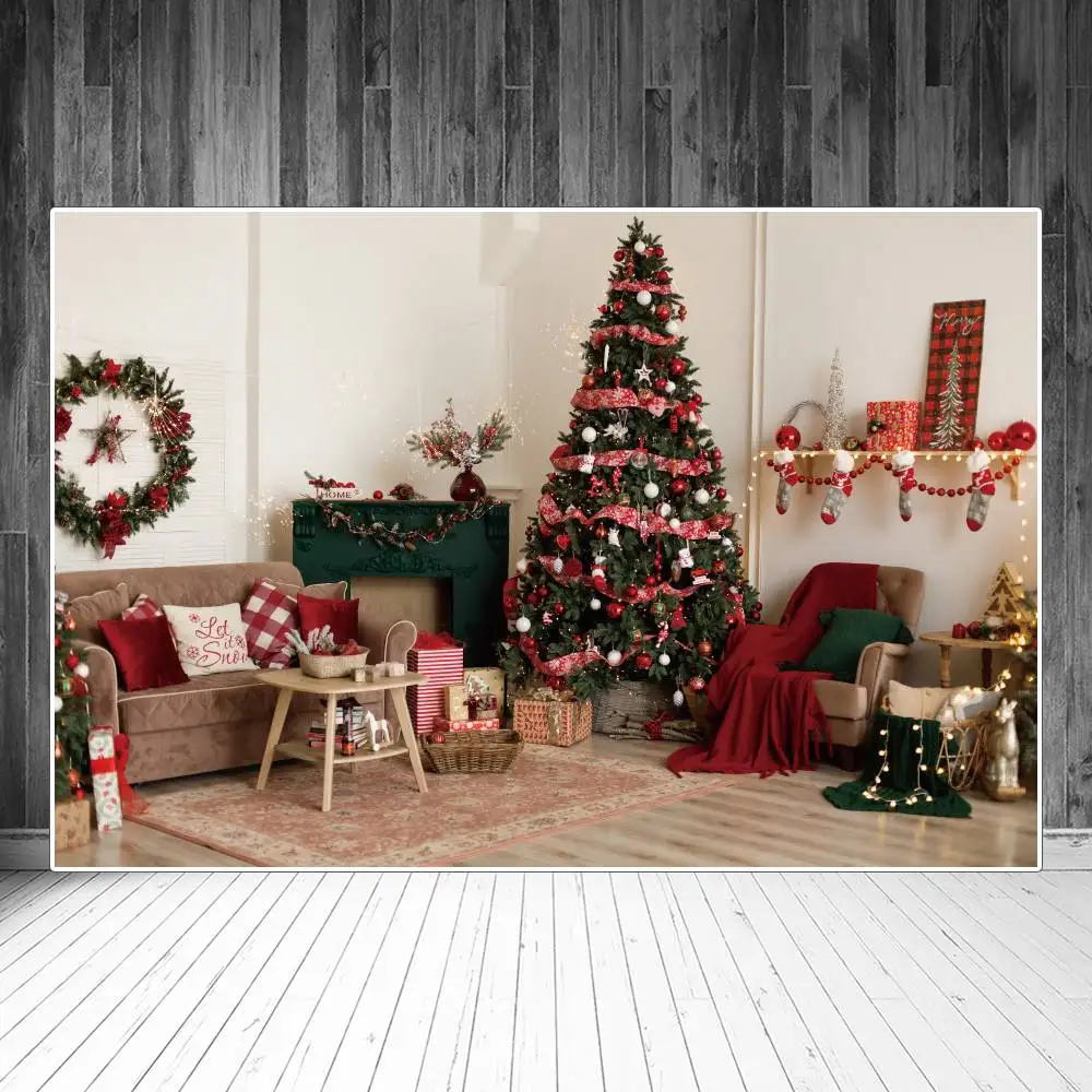 Christmas Living Room Backdrops Photography Decoration Ribbon Tree Fireplace Cusdtom Baby Photocall Photo Booth Background Props