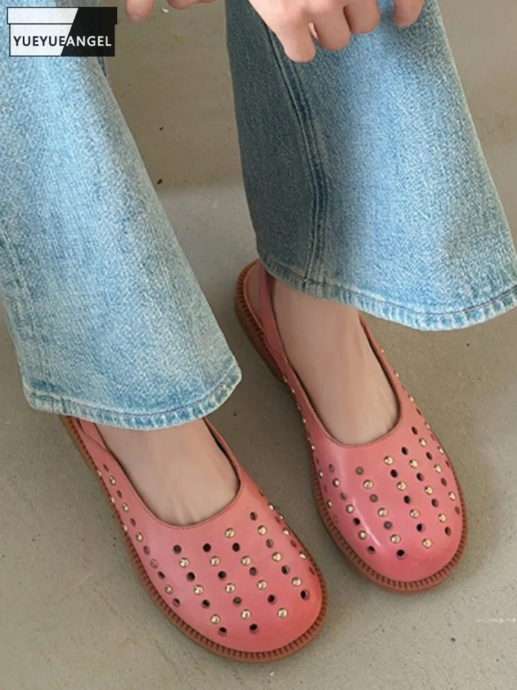 

Модные женские дышащие сандалии из натуральной кожи с закрытым носком и заклепками, однотонная обувь для отдыха из воловьей кожи с пряжкой и ремешком