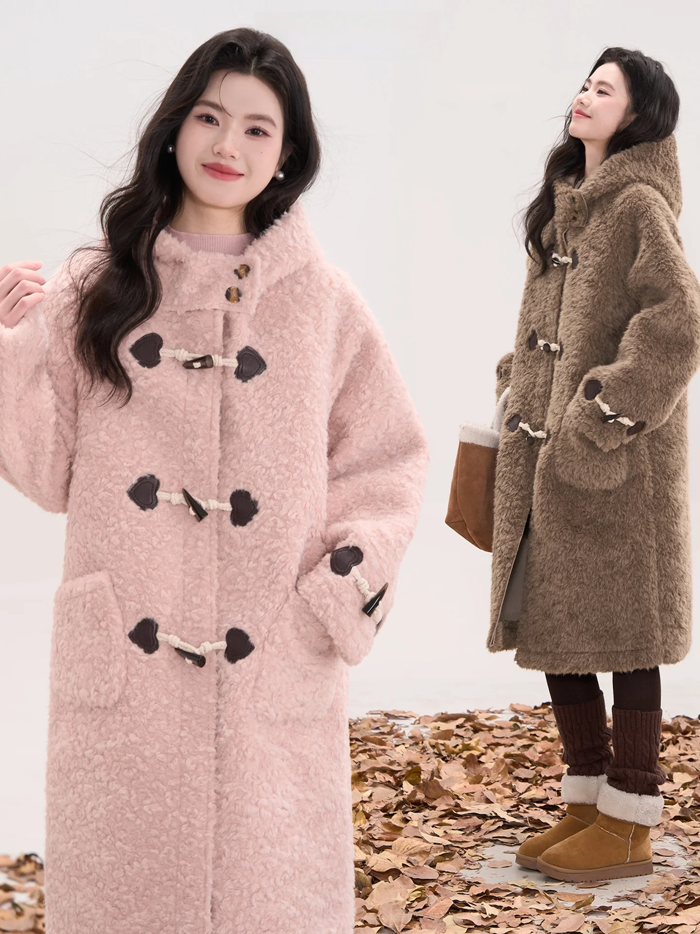 

Heme Bear Sleep Thickened Long Coat Women's Winter Jacket with Hood Heart Pattern Japanese Style Polyester Fiber Warm Outerwear