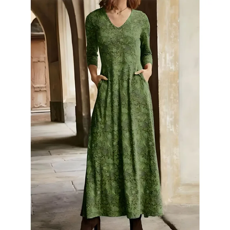 2024 Women's Autumn New Cotton Art Retro Printed V-neck Pocket Long Sleeve Dress For Women Loose Type Hooded A-line Long Dress