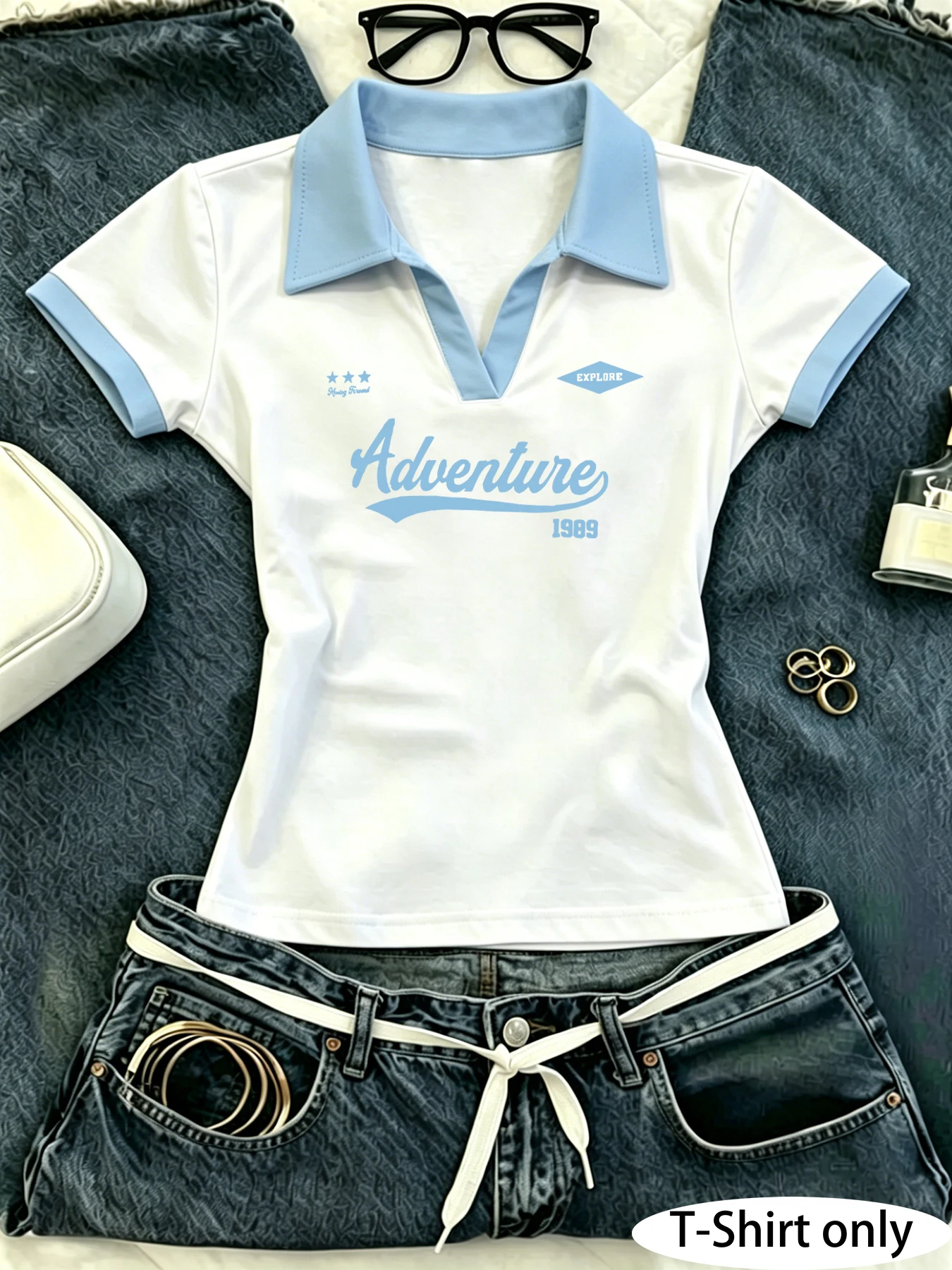 Neues Damen-Poloshirt mit Farbblockierung, vielseitigem Reverskragen und kurzen Ärmeln – Detail 2