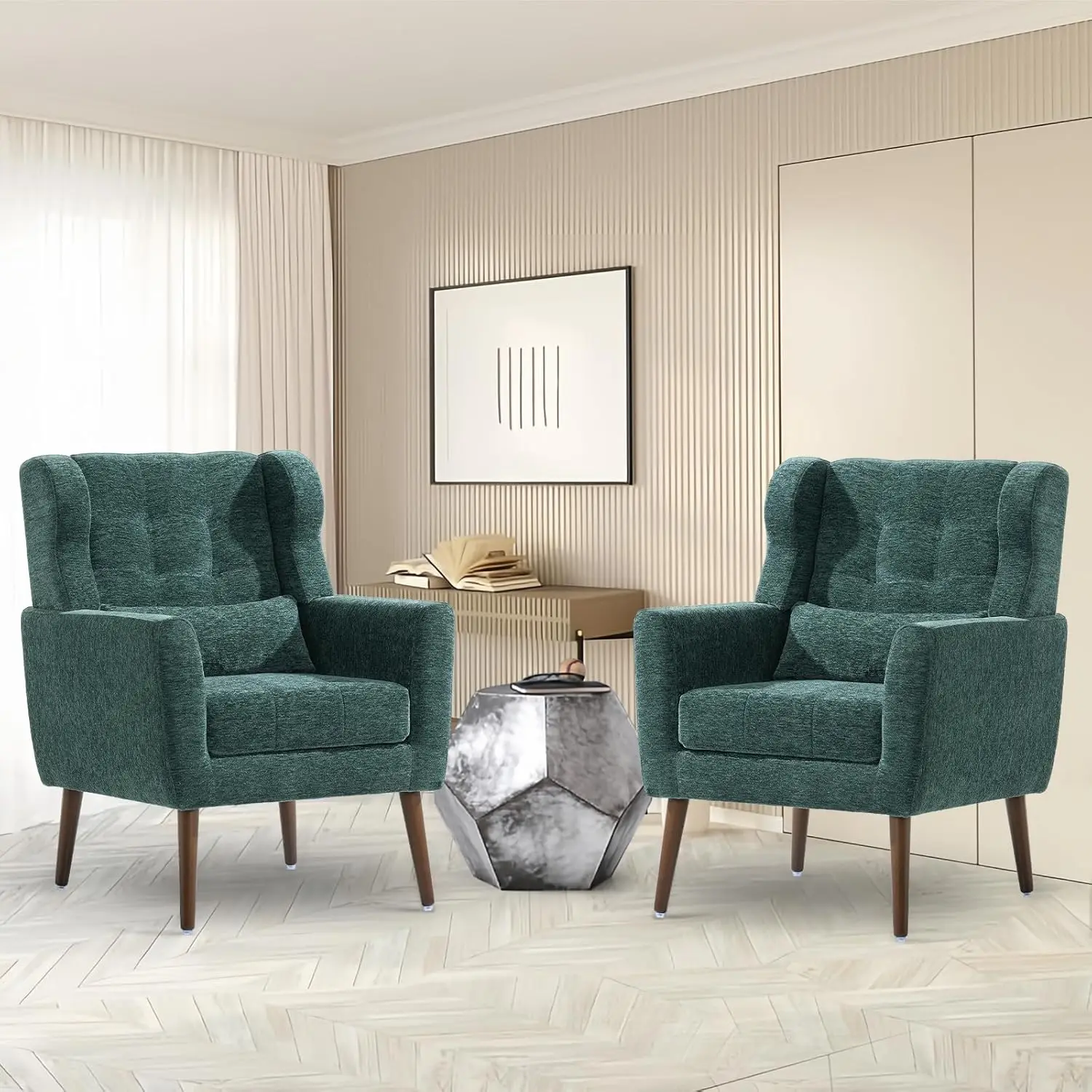 Juego de 2 sillas decorativas para salón, sillón moderno tapizado de chenilla, cómodo y suave, acolchado, color verde negruzco