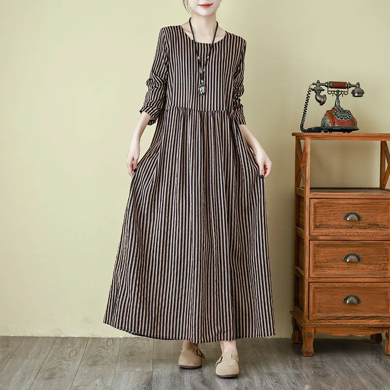 Spring Autumn Cotton Linen Print round Neck Travel Dress Slimming Long Skirt Casual mid Waist a Line Gown Summer Fashion