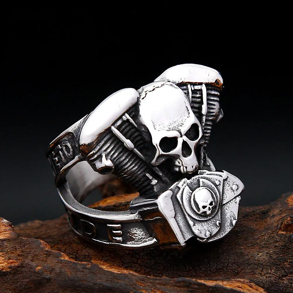 Classic Punk Biker Skull Motorcycle Engine Stainless Steel Ring For Men Women Gothic Hip Hop Men Rider Daily Fashion Jewelry view 3