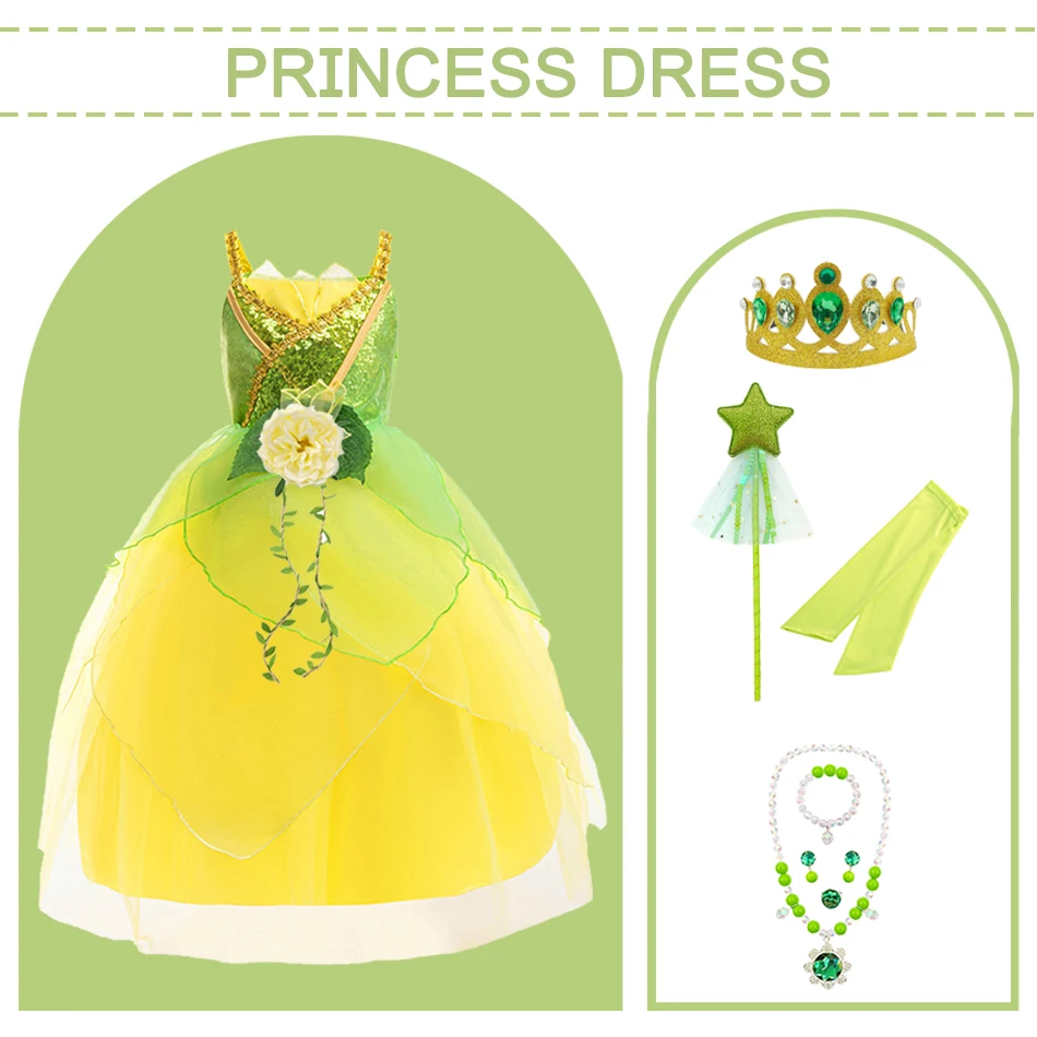 Princesa vestido de festa de luxo tiana cosplay amarelo inchado malha vestido de princesa vem com mangas roupas cosplay de halloween