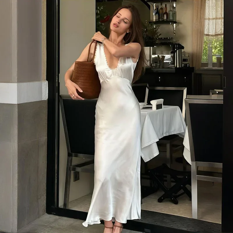 

Fmxires Fashion Sleeveless Slim Long Dress For Women Elegant Sexy Lace V Neck Satin Dress High Waist Evening Party Clothes Lady