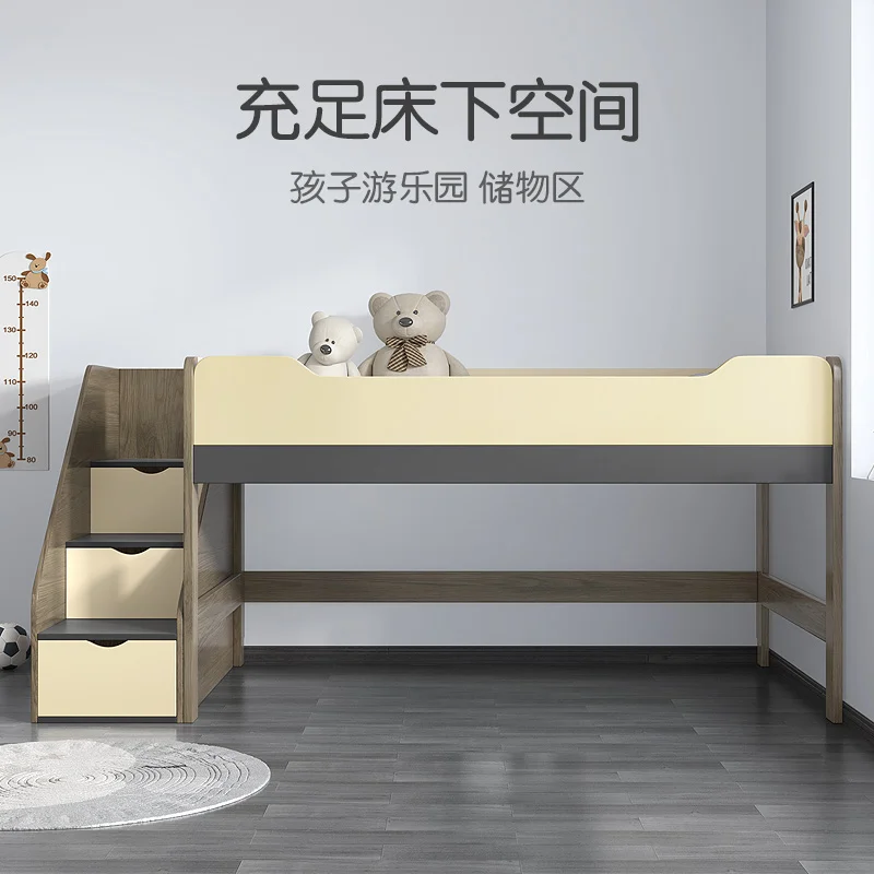 Children's Bed with Fence Multi-Functional Storage Chest of Drawers Integrated Space-Saving Single Half-Height Bed Set for