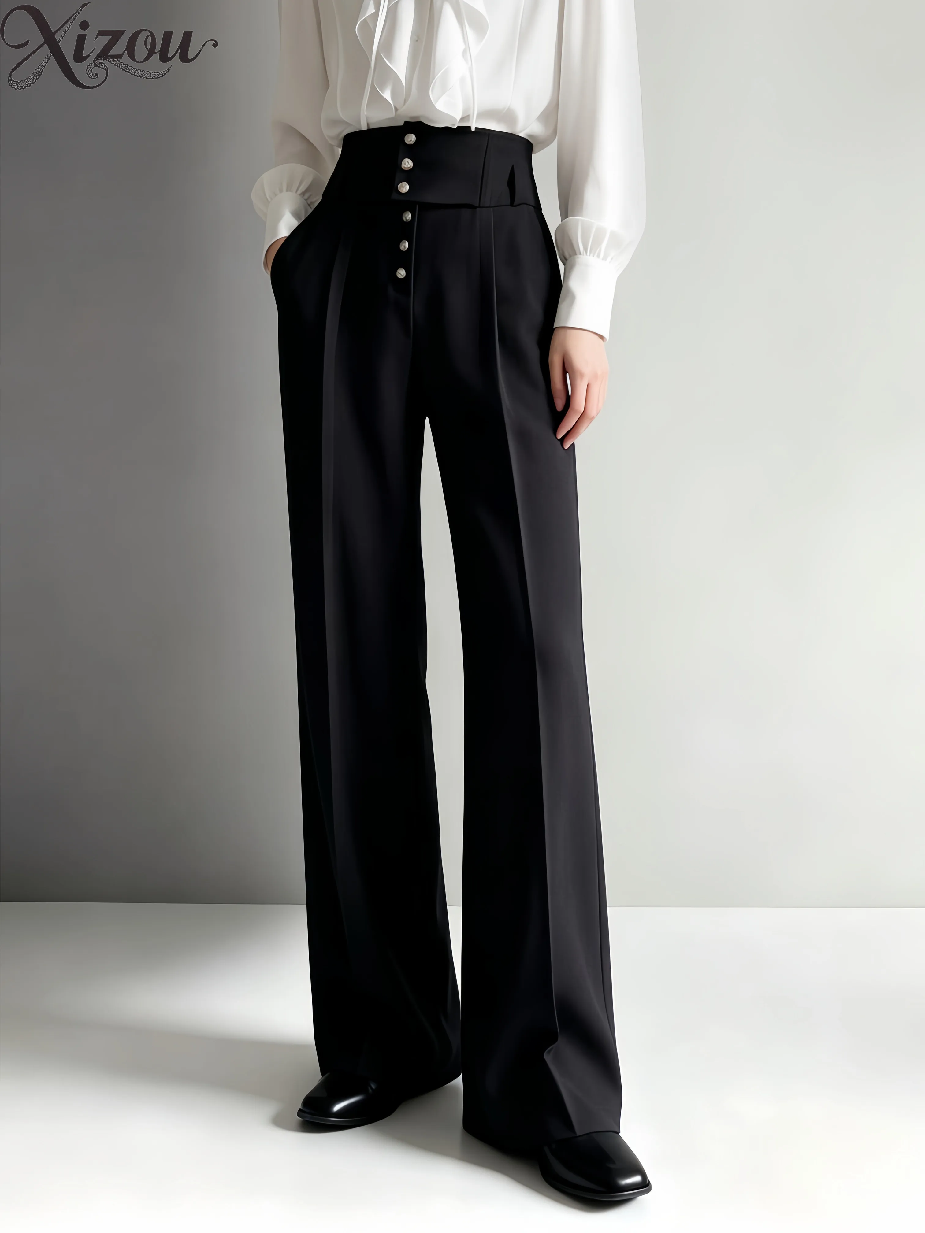 

Black High Waist Long Pant Button Straight Leg Long Trouser 2026 Spring Elegant Unisex Casual Latin Ballroom Dance Suit Neutral