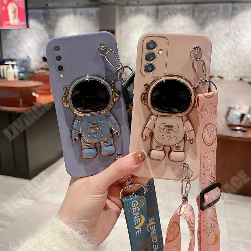 A55 A 25 15 Astronaut Lanyard Crossbody Silicone Case For Samsung Galaxy S24 plus A35 A55 A35 A15 A04E 4G 5G Stand Cover